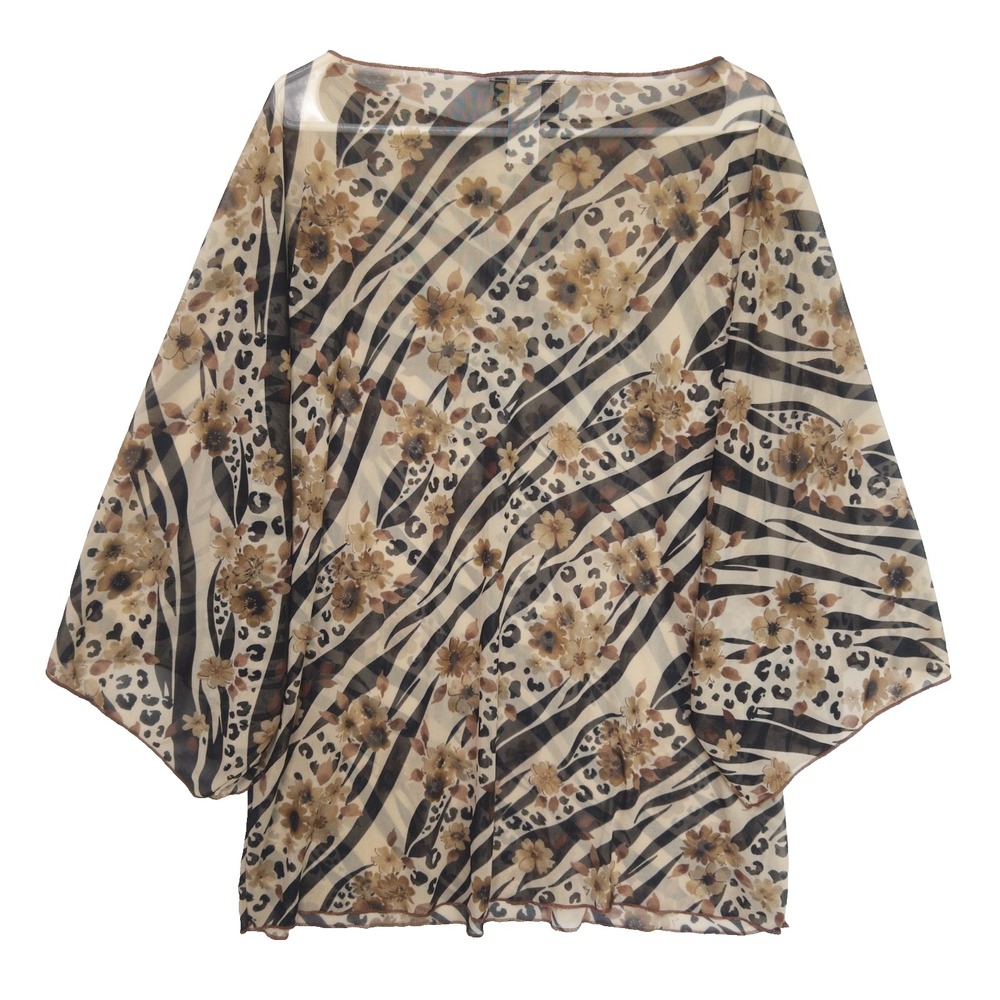 Vintage Carolyn Strauss Mixed Animal Dolman Batwing Sheer Blouse L Tall Brown